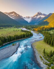 Fototapeta premium Clear Blue River Flowing Through a Lush Green Valley Surrounded by Towering Snow-Capped Mountains and Pine Forests, Captured at Sunrise for a Majestic Landscape Scene