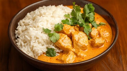Aerial View of Rich and Flavorful Traditional Thai Red Curry with Chicken Served in Rustic Bowl Surrounded by Fresh Herbs