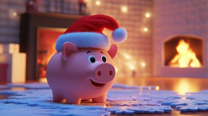 Obraz premium A piggy bank wearing a Santa hat stands on a snowflake-patterned surface, next to a warm, glowing fireplace decorated for the holiday season, evoking feelings of celebration and joy.