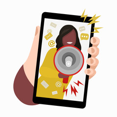 Influence marketing. A smartphone in a person's hand. On a smartphone, a blogger broadcasts marketing ads using a megaphone. The blogger is African American.