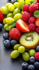 Obraz premium A vibrant assortment of fresh fruits including strawberries, raspberries, blueberries, grapes, and kiwi, arranged beautifully on a dark surface.