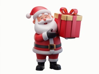 3D Cheerful Santa Claus in Red Suit with White Beard and Large Gift Present against White Background