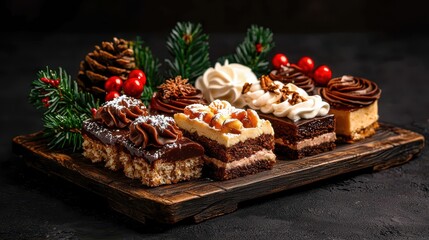 A festive assortment of delicious desserts arranged on a wooden platter, featuring chocolate and cream toppings, perfect for celebrations.