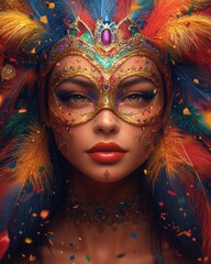 Elegant Venetian carnival mask with colorful feathers and golden details, AI generated