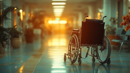 Empty wheelchair in a hospital hallway, bathed in warm sunlight, creating a tranquil atmosphere.