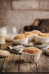 Home Baked Superfood Muffins With Oats, Seeds, Banana, Honey and nut milk. Healthy food and health life