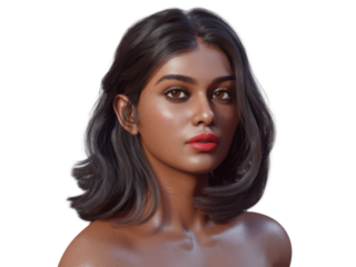 Indian Woman with Vibrant Red Lips and Glowing Skin under Natural Light on Transparent Background