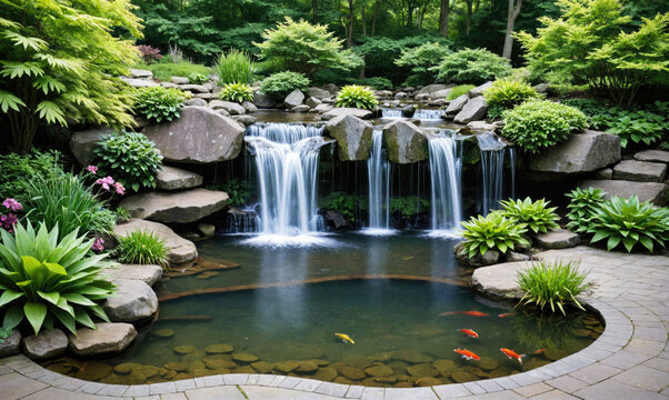 A tranquil pond with a waterfall in a lush garden