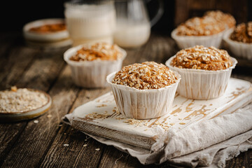 Home Baked Superfood Muffins With Oats, Seeds, Banana, Honey and nut milk. Healthy food and health life