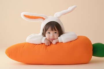 A little boy cosplays as a rabbit sitting on a large carrot pillow