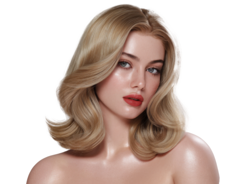 Blonde Woman with Vibrant Red Lips and Glowing Skin under Natural Light on Transparent Background