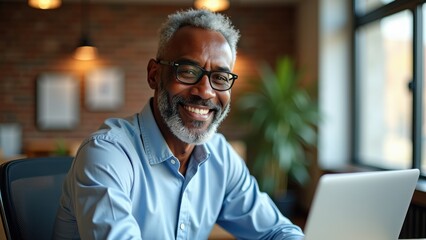 Fototapeta premium A happy older man with a beard and glasses sits at a desk, engaging with a laptop while surrounded by a warm, inviting office atmosphere