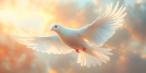 Obraz premium Ethereal white dove soaring against a fiery sunset, symbolizing hope and peace in a serene sky