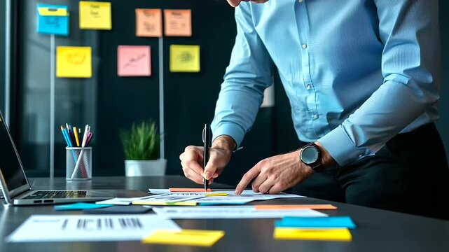 In a modern office, a mentor and mentee work together on a personal development plan, with motivational posters in the background, highlighting the path to career success and life