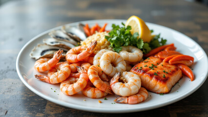 Plate of food including shrimp, salmon, vegetables, and herbs with a focus on meat-based elements for those following a carnivore diet.