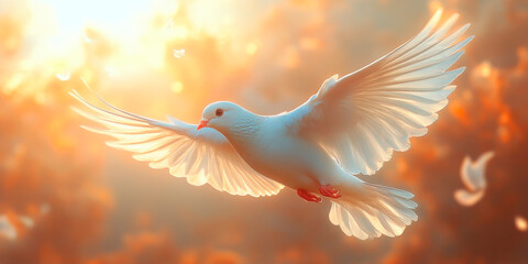 Ethereal white dove soaring against a fiery sunset, symbolizing hope and peace in a serene sky