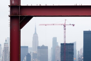 Obraz premium A crane operator maneuvers steel beams at a construction site, the city skyline visible in the background