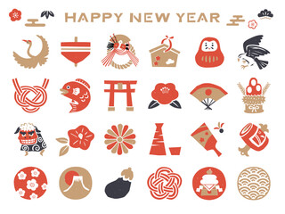 正月のレトロな和風アイコンセット