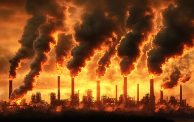 Obraz premium A panoramic view of a steel mill, glowing orange from molten metal and billowing smoke stacks