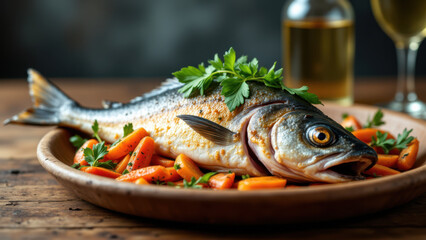 Freshly grilled whole fish with garnish on a rustic wooden table.