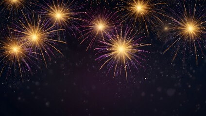 Naklejka premium Bright gold and purple fireworks explode against a dark night sky.