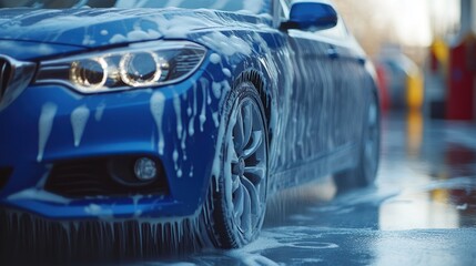 Blue car covered in white soap suds being washed.