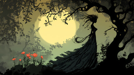 Fototapeta premium A whimsical, animated-style illustration of demeter in a dramatic, high-contrast chiaroscuro style. Chiaroscuro. Illustration
