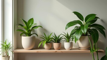 Green indoor plants on a white wall background
