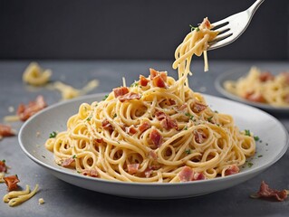 Twirled Spaghetti Carbonara on a Fork Over a Plate