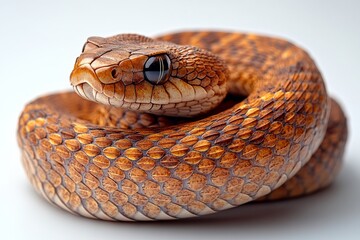 Fototapeta premium Side view of a coiled snake isolated on a pure white background. Cenerative AI