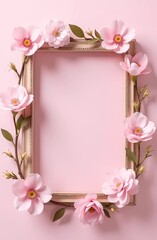 Easter-themed decoration in pink colors, with flowers, eggs and an empty frame on a soft pink background