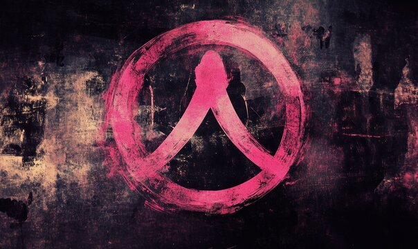Abstract pink symbol painted on a textured dark background, grunge-style artwork
