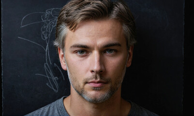 Obraz premium A man stares intently at the camera, standing in front of a dark, chalk-covered surface