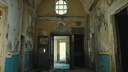 A glimpse into the decaying interior of an abandoned building, with peeling paint, chipped walls, and a broken window