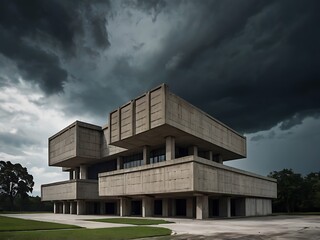 Fototapeta premium Concrete Building with Overcast Sky and Grass