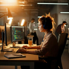 Woman Focused on Coding in Modern Office