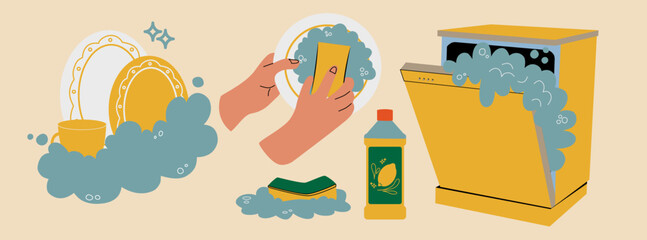 Naklejka premium Washing dishes. Detergent, sponge, dishwasher. Hands wash the plate. A set of dishes in soap foam.