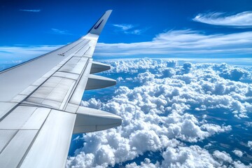 Obraz premium Breathtaking View from Airplane Window: Soaring Through the Clouds Background