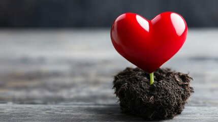Fototapeta premium A vibrant red heart growing from rich soil, symbolizing love and new beginnings in a serene setting