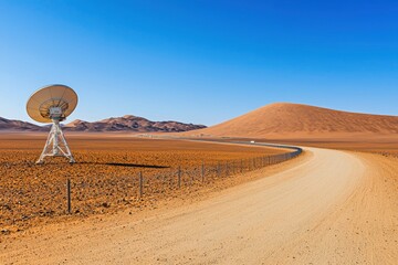 A satellite dish array in a remote desert transmits data under a clear blue sky, surrounded by a fenced facility