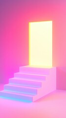 Obraz premium Staircase made of glowing blocks leading up to a bright door, symbolizing progress and opportunity