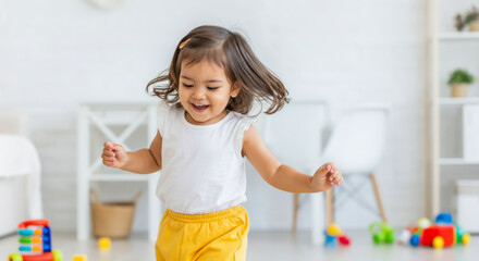 Joyful toddler playing indoors in bright, cheerful environment