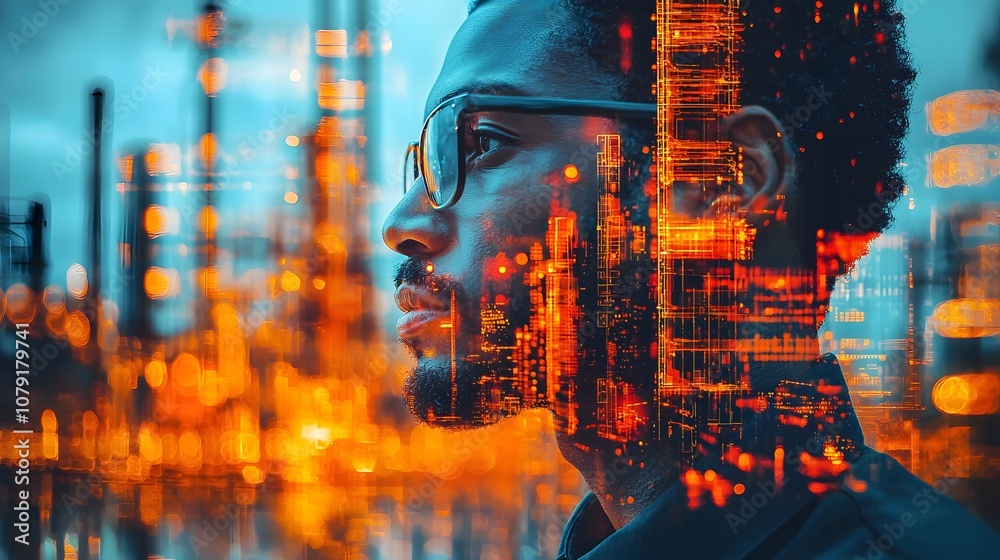 Poster profile of a thoughtful man gazing into the distance with an urban skyline and glowing city lights l