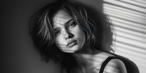 Moody portrait of woman with shadowed lines creating dramatic effect