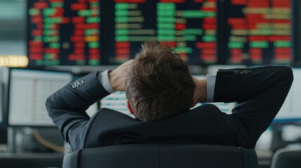 A stockbroker watches real-time trading updates on a massive screen in a dynamic trading floor