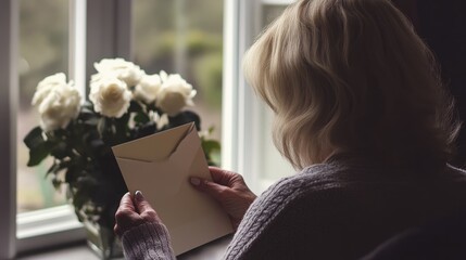 Reflective Elderly Woman Reading Letter by Window with White Roses