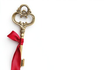 Elegant vintage key with red ribbon on pearl white background for special occasion design