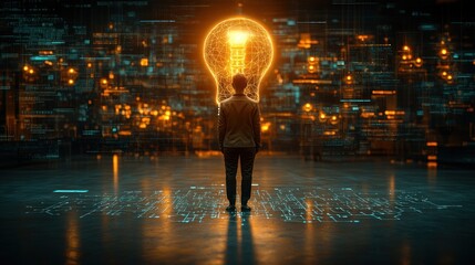 Businesswoman standing in front of a large glowing light bulb, representing inspiration and ideas.