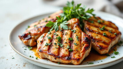 A plate of well-seasoned grilled chicken breasts with a hint of garlic garnish.