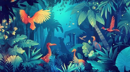 A vibrant illustration of a tropical jungle filled with colorful birds and lush foliage.